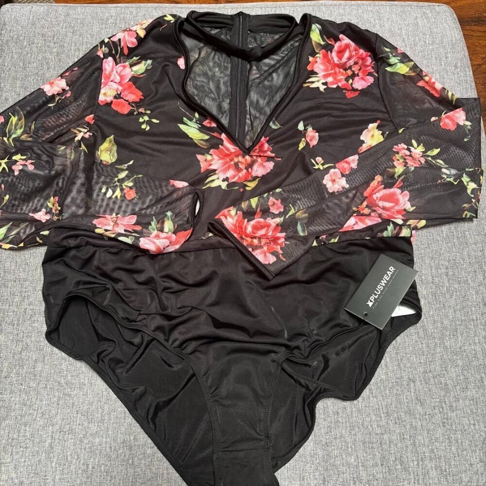 Xpluswear Floral Body Suit w/Sheer Sleeves